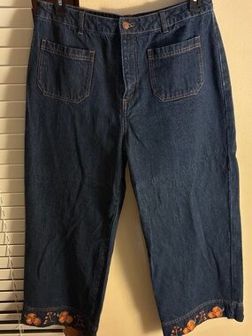 Princess Highway Dark Blue Relaxed Jeans with Embroidered Hem
